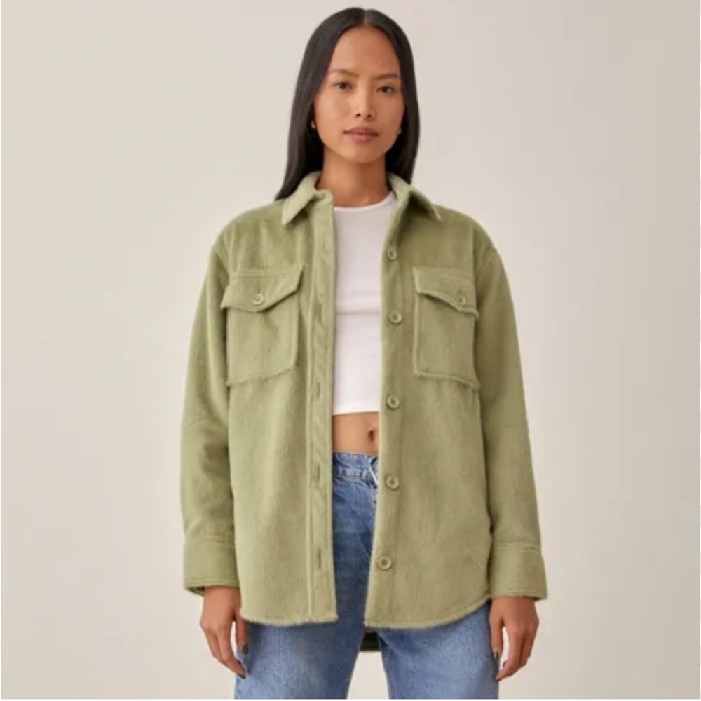 Reformation Faux Fuzzy Green Oversized Shacket Jacket w/ Fleece Lining Sz Small